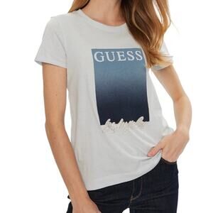 GUESS Women’s Crewneck Cotton Embellished Logo T-Shirt White Size L